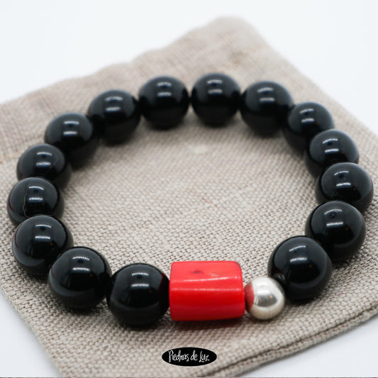 Pulsera de Bola azabache y Coral Bambú