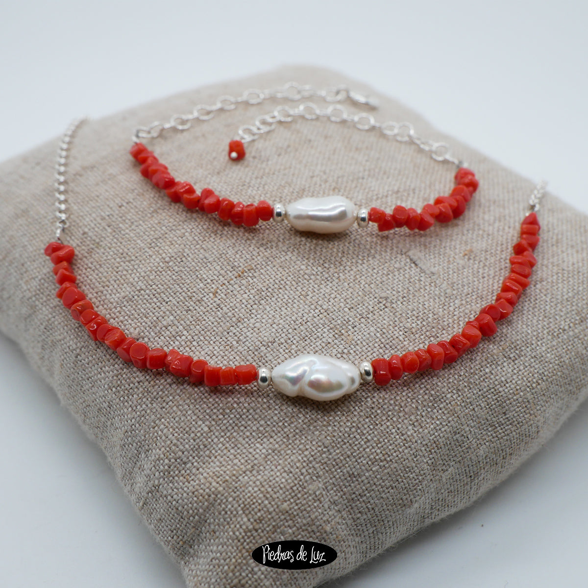 Conjunto Gargantilla y Pulsera Coral y Perla