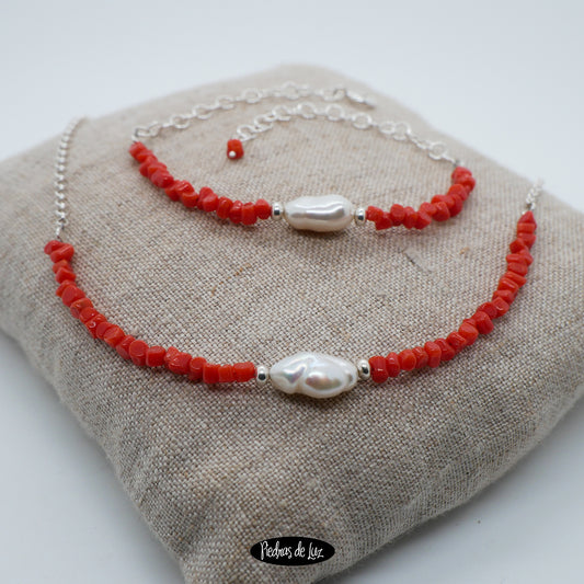 Conjunto Gargantilla y Pulsera Coral y Perla