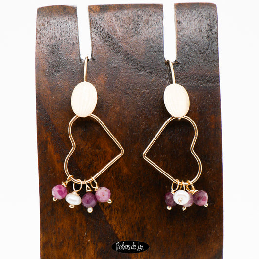 Pendientes corazón Plata dorada perla y Turmalina Rosa