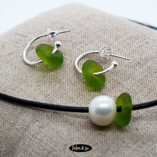 Conjunto Gargantilla cuerro y pendientes Perla con palta y cristal Africano