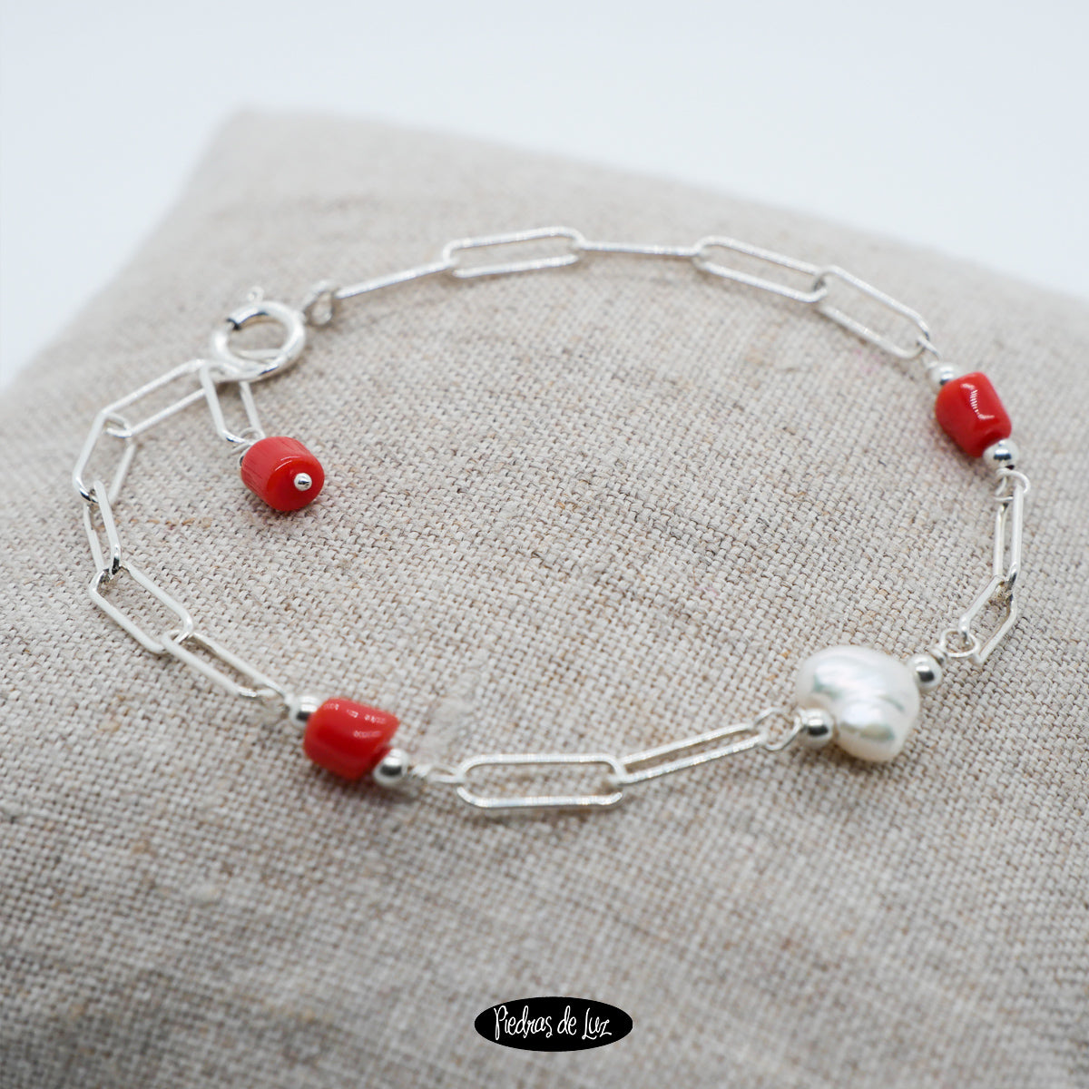 Pulsera plata Coral y Perla