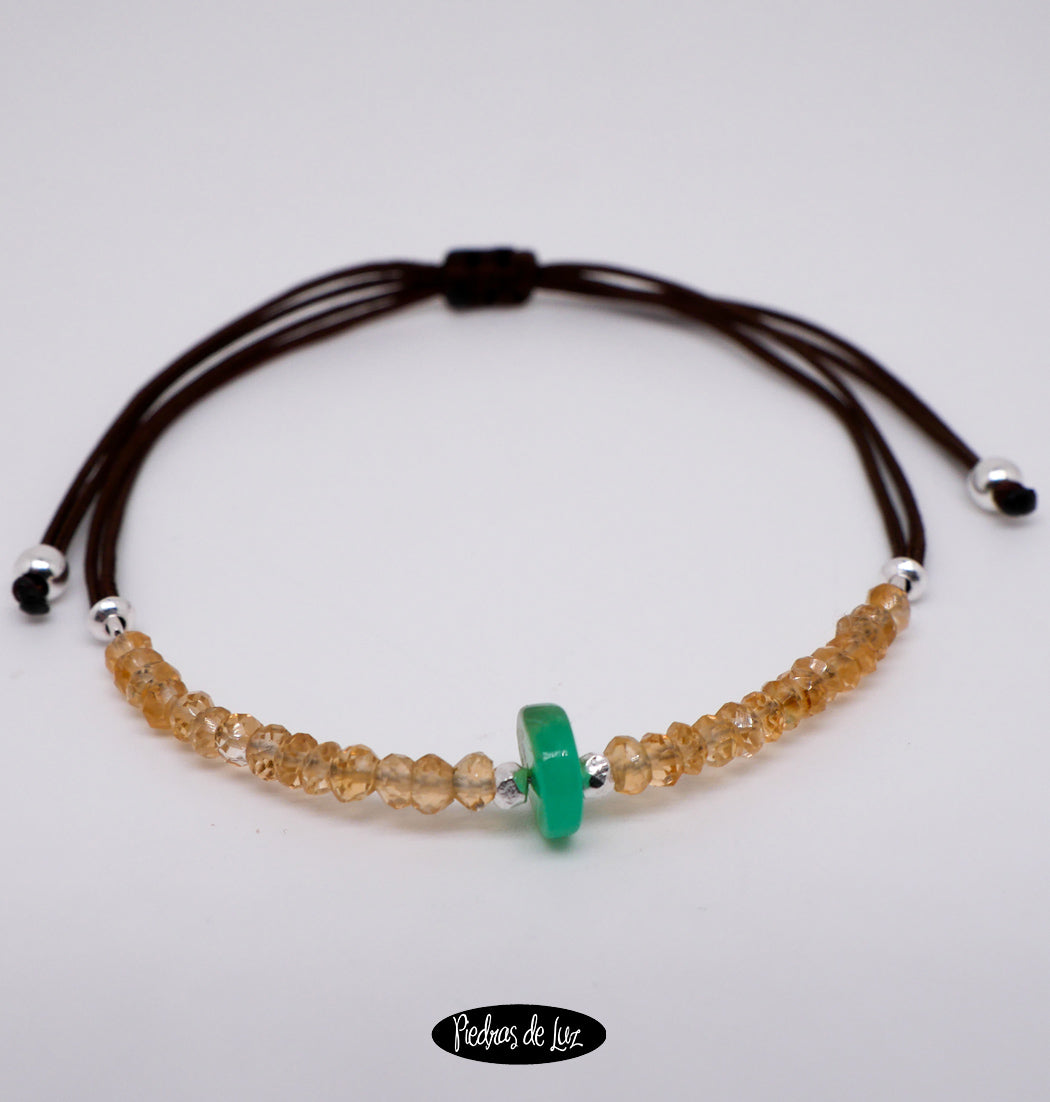 Pulsera Hilo Cuarzo Citrino y Piecita de Crisoprasa
