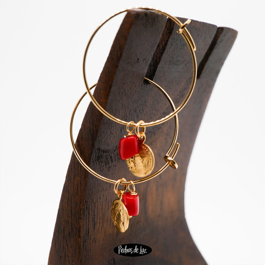 Pendientes Aro Plata dorada y Coral