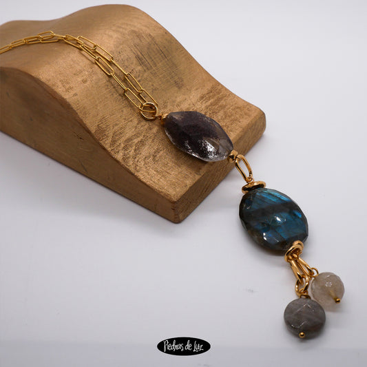 Colgante Largo de Cadena en Labradorita y Cuarzo Chamánico