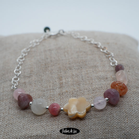 Pulserita en plata Nácar- Turmalina sandía- piedra sol y Cuarzo Rosa