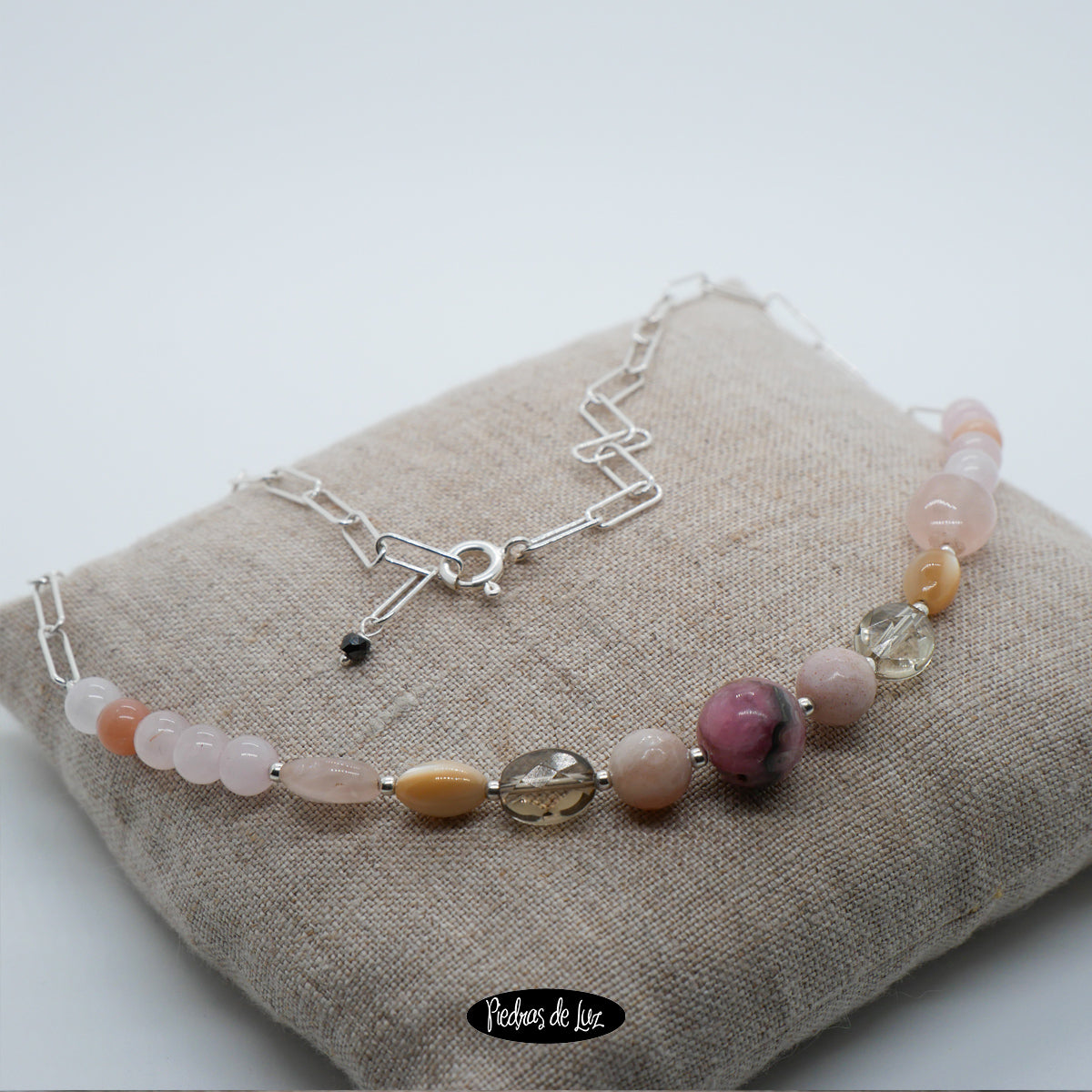 Gargantilla bola rodocrosita-Cuarzo Ahumado y Piedra sol