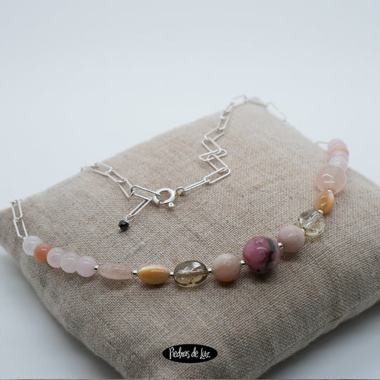 Gargantilla bola rodocrosita-Cuarzo Ahumado y Piedra sol