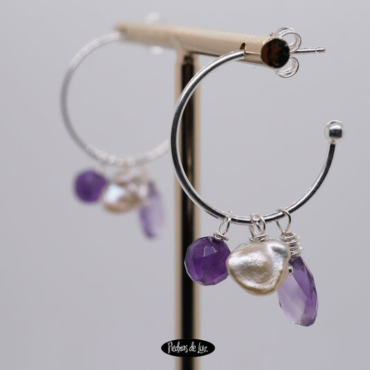 Pendientes en Aro de plata Amatista y perla